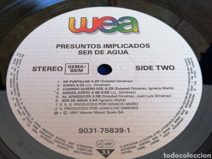 Discos de vinilo: PRESUNTOS IMPLICADOS - SER DE AGUA - Foto 6