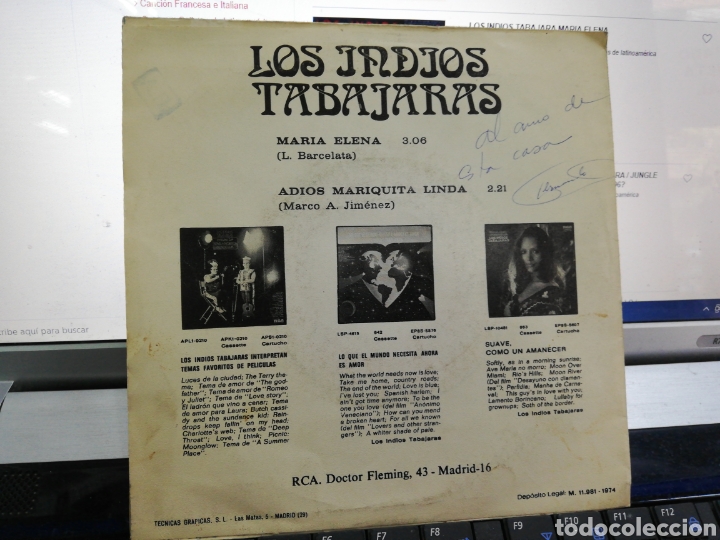 Discos de vinilo: Los indios tabajaras single Maria Elena Espa&ntilde;a 1974 - Foto 2