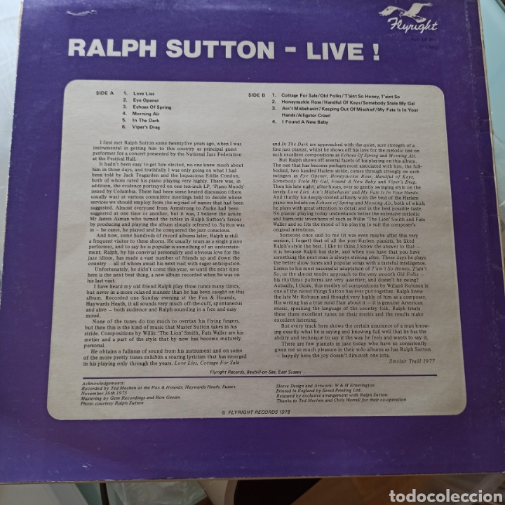 Discos de vinilo: Ralph Sutton - Live! (Flyright Records, UK, 1978) - Foto 2