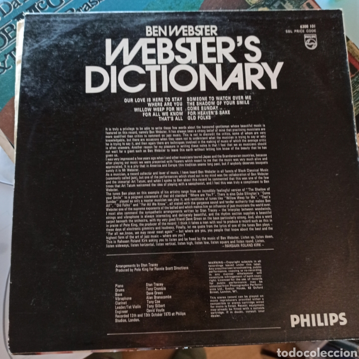Discos de vinilo: Ben Webster - Websters Dictionary (Philips, UK, 1970) - Foto 2