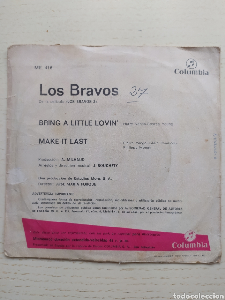 Discos de vinilo: Single Los Bravos - Foto 2