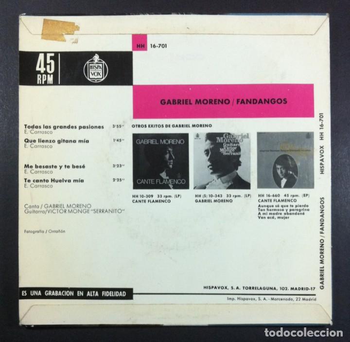 Discos de vinilo: GABRIEL MORENO - Fandangos - EP 1969 - HISPAVOX - Foto 2