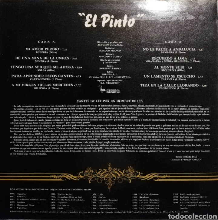 Discos de vinilo: Ildefonso Pinto - Cantes de Ley (LP, 1991) - Foto 2