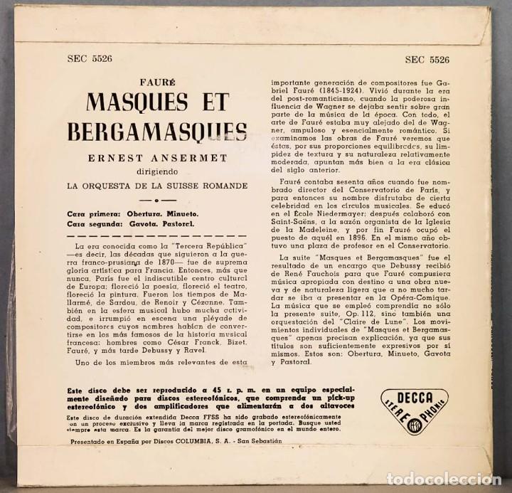 Discos de vinilo: EP. MASQUES ET BERGAMASQUES. ANSERMET - Foto 2