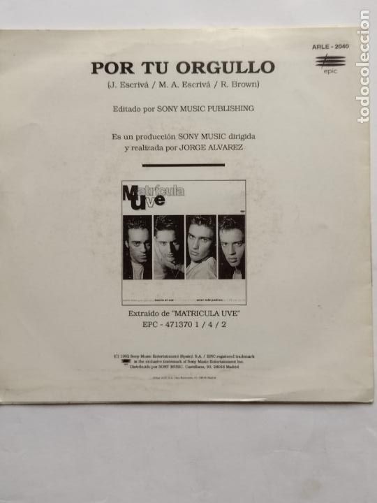 Discos de vinilo: MATRICULA UVE - POR TU ORGULLO - Foto 2