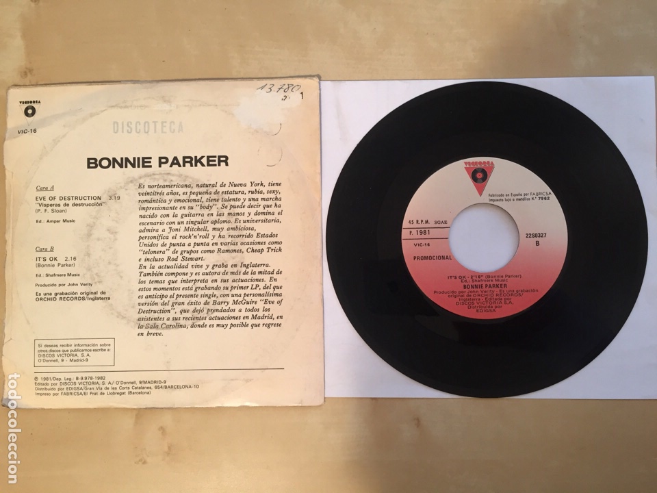 Discos de vinilo: Bonnie Parker - Eve Of Destruction - PROMO SINGLE 7” SPAIN 1982 - Victoria - Foto 3 - 265116264