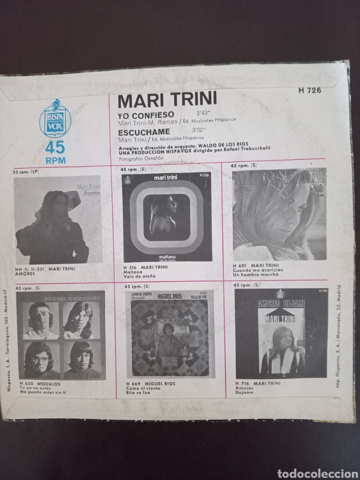 Discos de vinilo: Mari Trini - Yo confieso / esc&uacute;chame - Foto 2