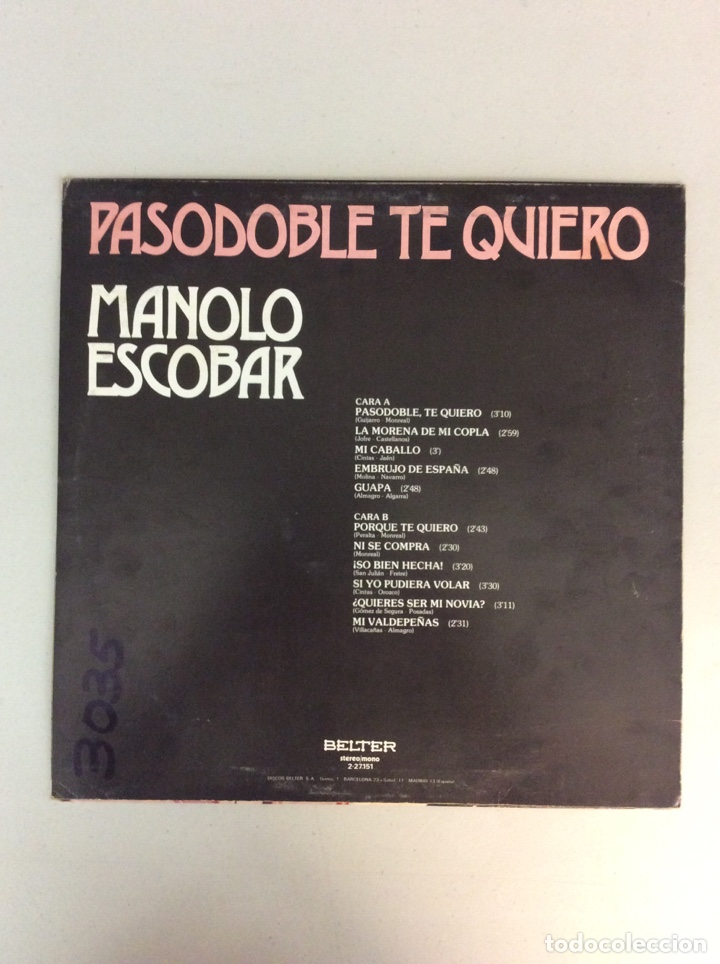 Discos de vinilo: Pasodoble te quiero. Manolo Escobar. - Foto 2