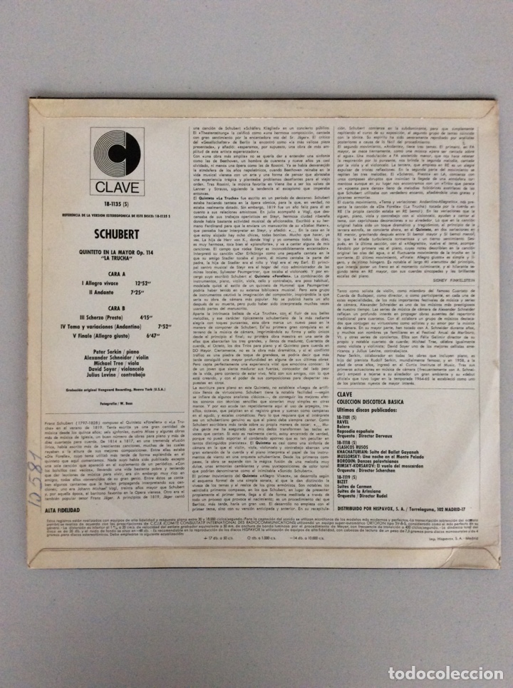 Discos de vinilo: Schubert . Quinteto en la mayor op 114. La trucha - Foto 2