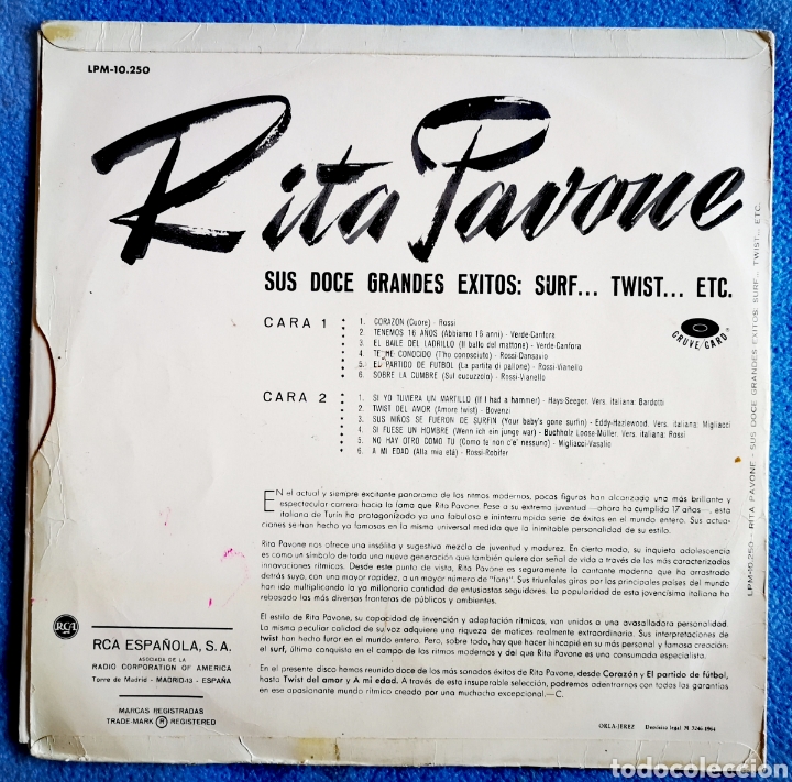 Discos de vinilo: RITA PAVONE - SUS 12 GRANDES &Eacute;XITOS - LP - 1964 - Foto 2