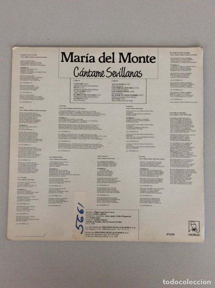 Discos de vinilo: Mar&iacute;a del Monte. C&aacute;ntame Sevillanas. - Foto 2