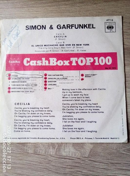 Discos de vinilo: Simon And garfunkel single cecilia - Foto 2