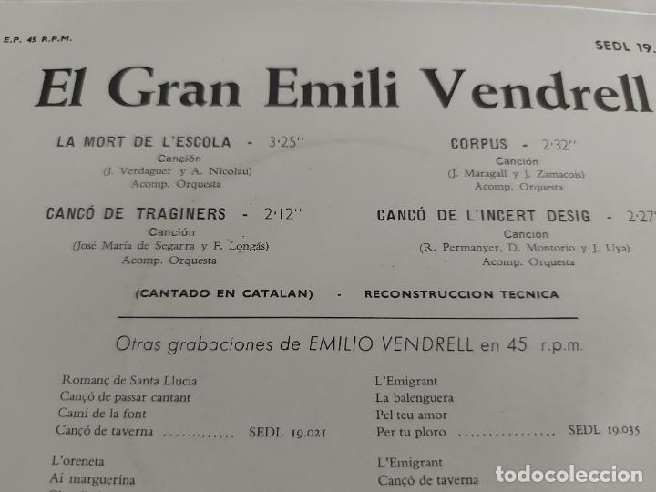 Discos de vinilo: EL GRAN EMILI VENDRELL / LA MORT DE LESCOLÀ + 3 / EP - REGAL-1966 / MBC. ***/*** - Foto 3 - 274686048