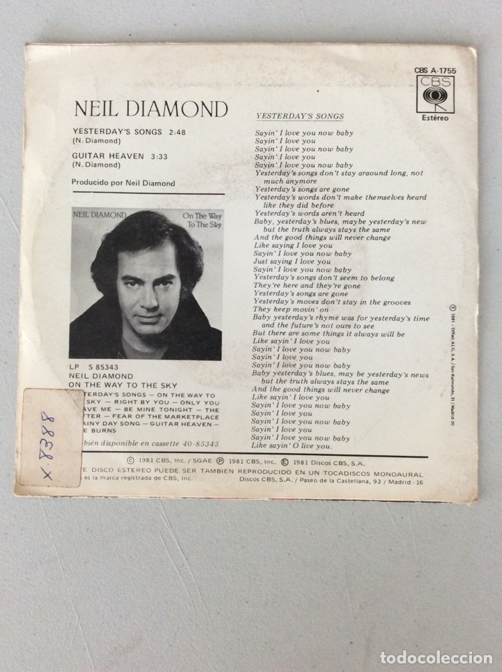 Discos de vinilo: Neil Diamond. Yesterday&rsquo;s songs - Foto 2