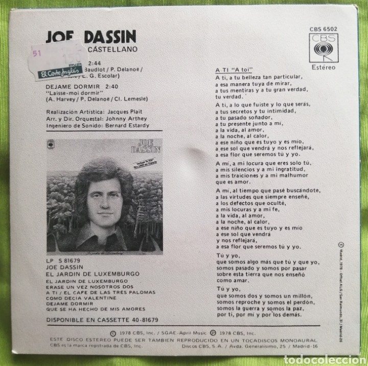 Discos de vinilo: JOE DASSIN A t&iacute; - Foto 2