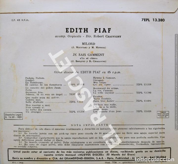 Discos de vinilo: MAGNIFICO SINGLE DE &Eacute;DITH PIAF - MILORD - Foto 2