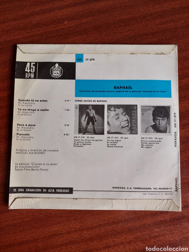 Discos de vinilo: Raphael canciones de la pel&iacute;cula &rdquo;Cuando tu no est&aacute;s&rdquo; - Foto 2