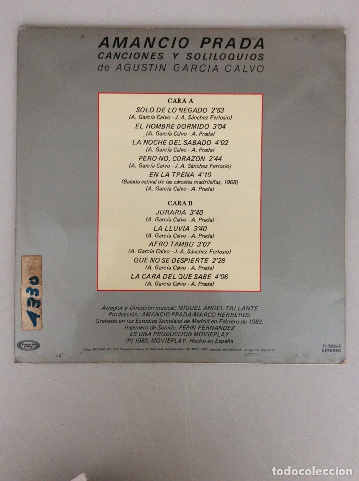Discos de vinilo: Amancio Prada. Canciones y soliloquios - Foto 2