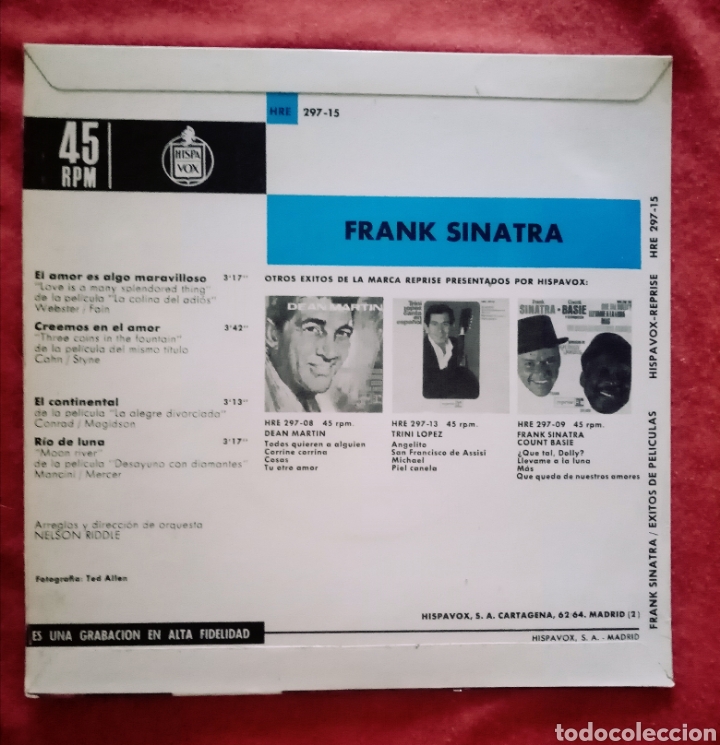 Discos de vinilo: 1964 Antiguo Vinilo 7 ”45 RPM, EP Frank Sinatra - Éxitos de películas! El amor es algo maravilloso.. - Foto 2 - 283287158