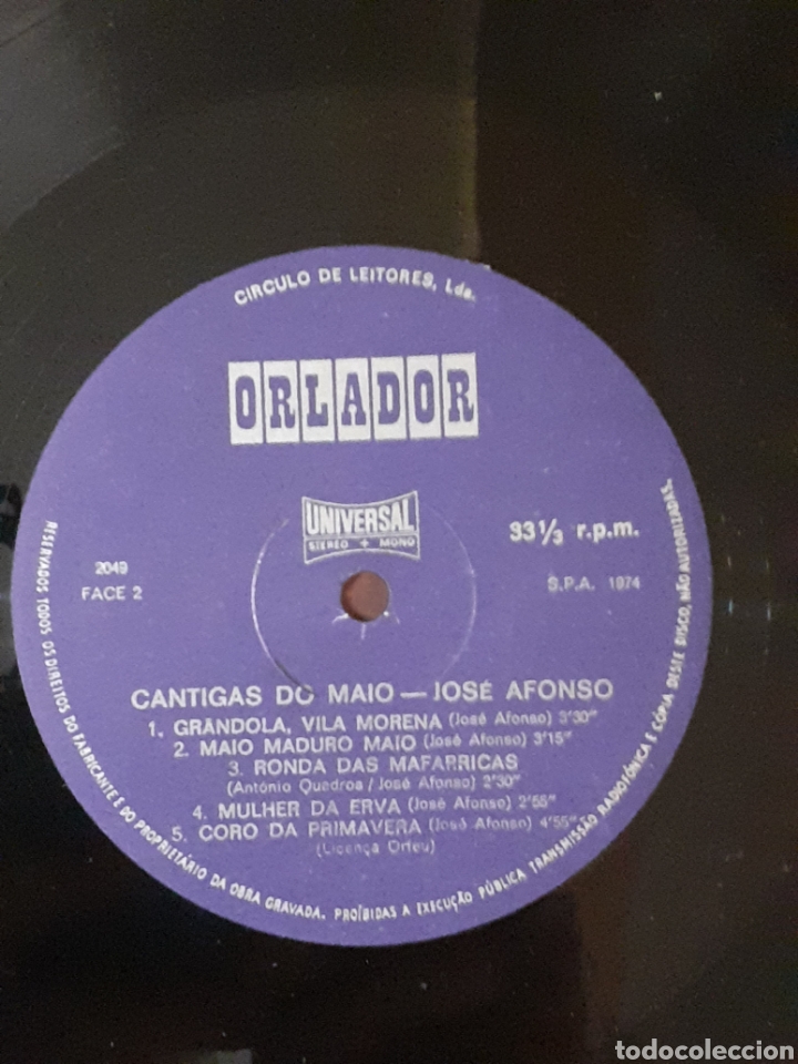 Discos de vinilo: José Afonso. Cantigas do Maio. 1974 Portugal. Ed. Círculo de lectores. Orlador 2049. VG++. VG++. Ree - Foto 4 - 283321893