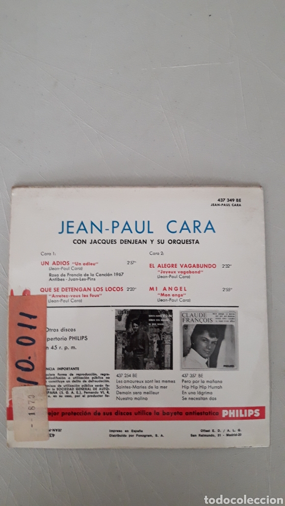 Discos de vinilo: JEAN-PAUL CARA. UN ADI&Oacute;S - Foto 2
