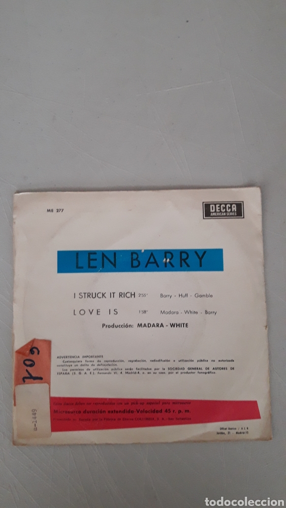 Discos de vinilo: LEN BARRY. I STRUCK IT RICH - Foto 2