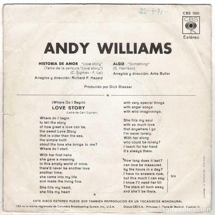 Discos de vinilo: Andy Williams - Love Story / Something. Single - Foto 2