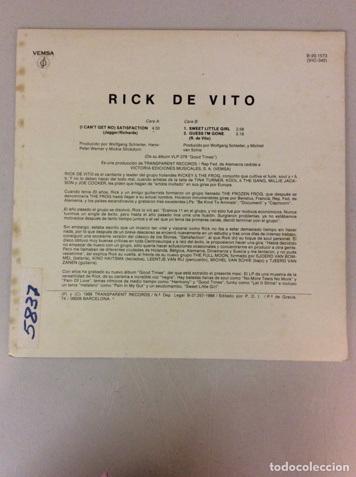Discos de vinilo: Rick De Vito. Satisfaction - Foto 2