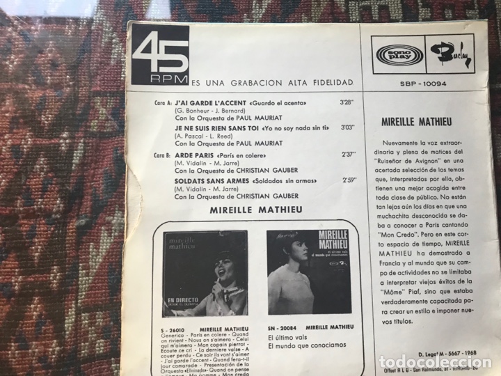 Discos de vinilo: Mireille Mathieu. J&rsquo;ai garde l&rsquo;acent - Foto 2