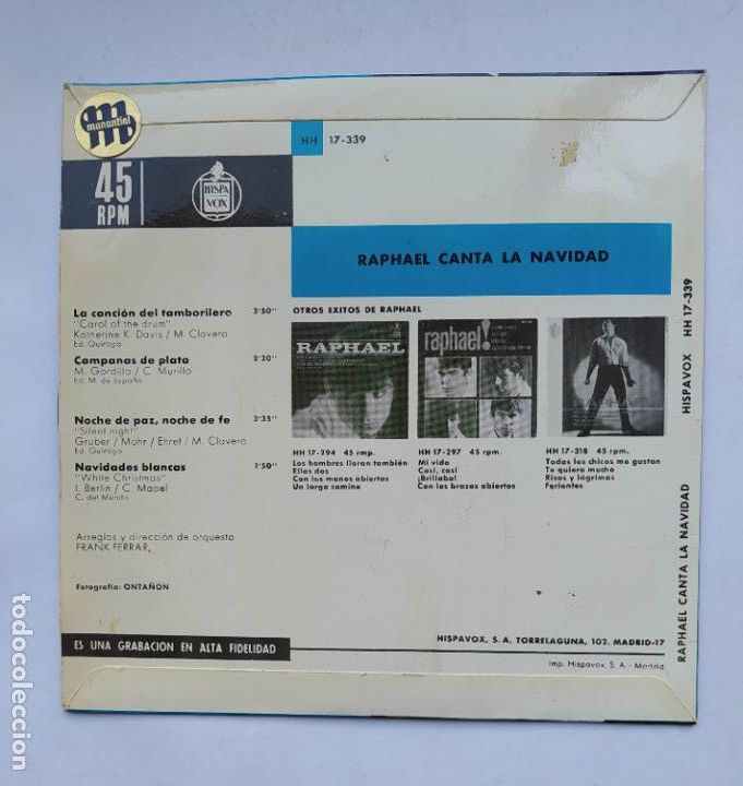 Discos de vinilo: RAPHAEL CANTA LA NAVIDAD. SINGLE. TDKDS18 - Foto 2
