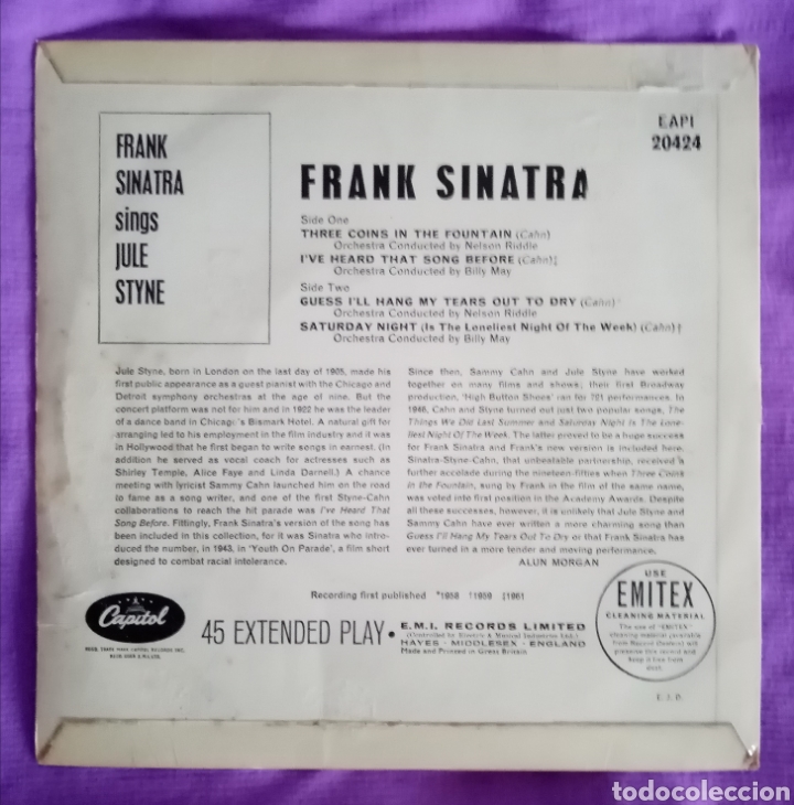 Discos de vinilo: 1961 Antiguo Vinilo 7” 45 RPM EP, Mono. Gran Bretaña. Frank Sinatra sings Jule Styne.. - Foto 2 - 287452253