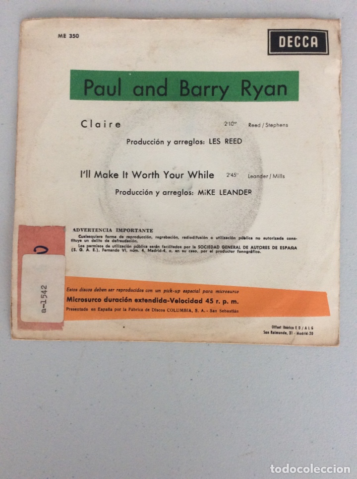 Discos de vinilo: Paul & Barry Ryan. Claire. I&rsquo;ll make it worth your while - Foto 2