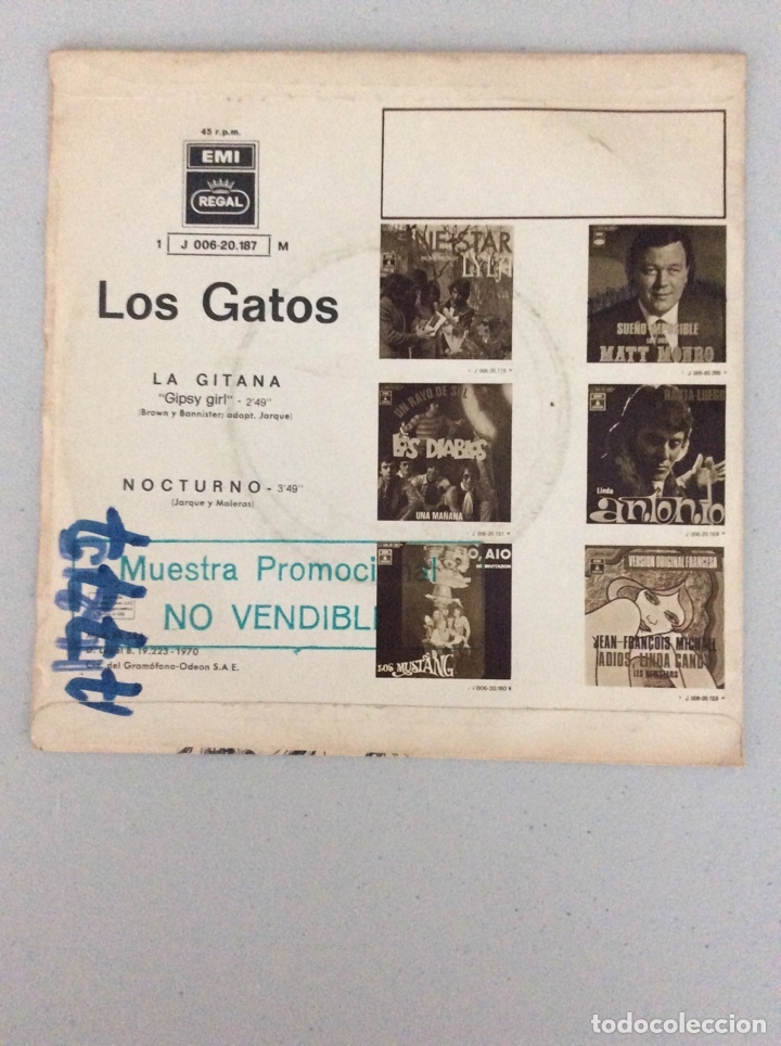 Discos de vinilo: Los Gatos. La gitana. Nocturno - Foto 2