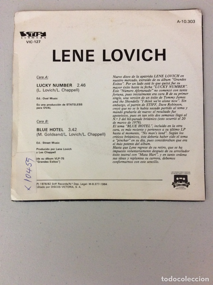 Discos de vinilo: Lene Lovich. Lucky number. Blue hotel - Foto 2