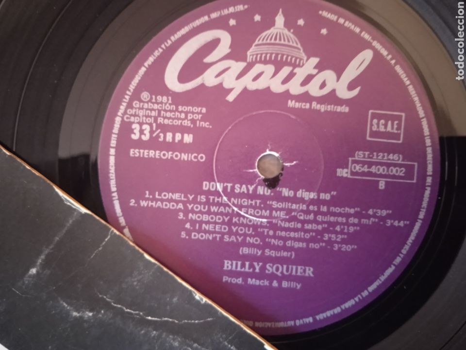 Discos de vinilo: BILLY SQUIER LP. DONT SAY NO. MADE IN SPAIN. 1981 - Foto 2