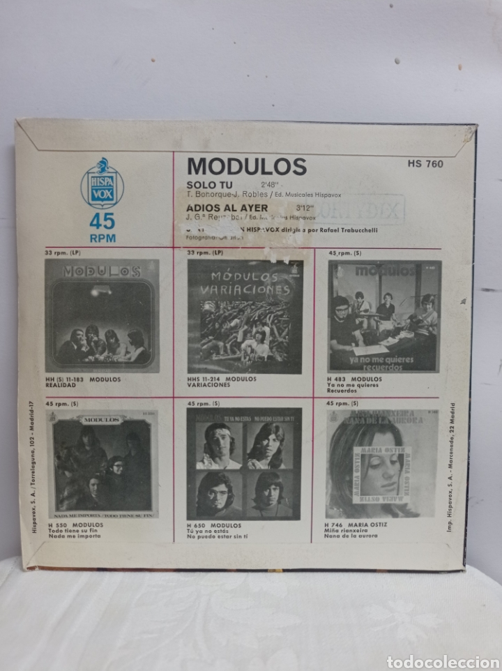 Discos de vinilo: MODULOS, SOLO TU (HISPAVOX 1971) -SINGLE- - Foto 2