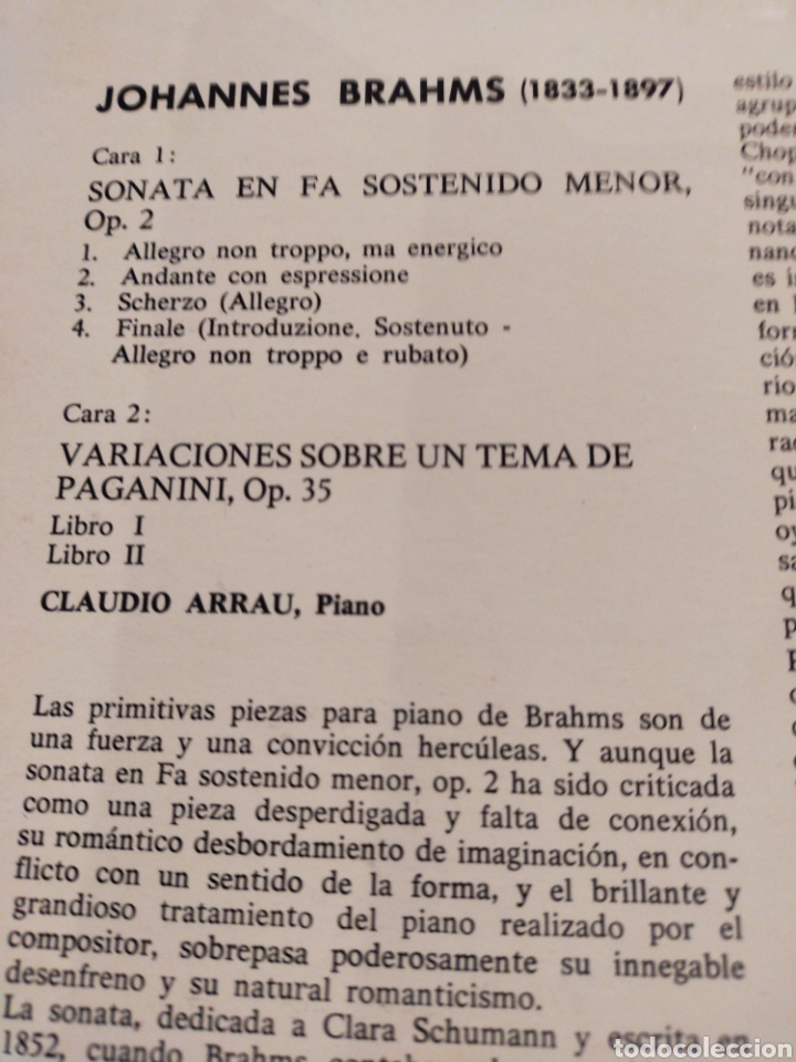 Discos de vinilo: CLAUDIO ARRAU BRAHMS PIANO SONATA VINILO - Foto 2