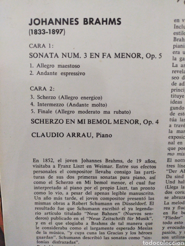 Discos de vinilo: BRAHMS SONATE 3 CLAUDIO ARRAU VINILO - Foto 2