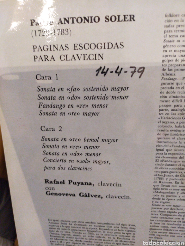 Discos de vinilo: SOLER CLAVEC&Iacute;N RAFAEL PUYANA VINILO - Foto 2