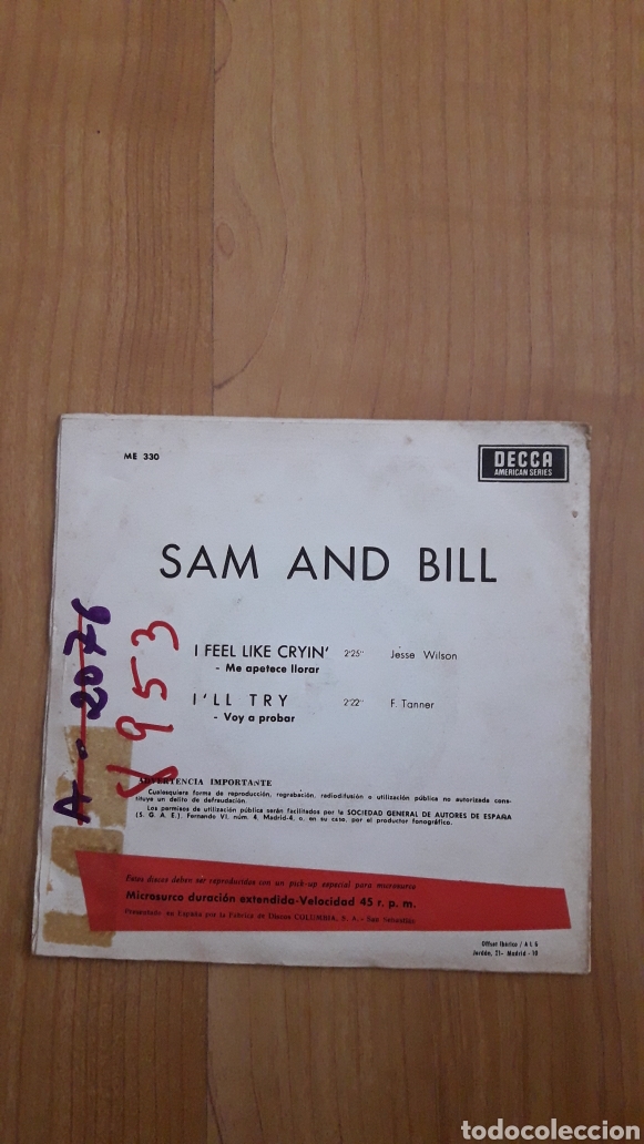 Discos de vinilo: SAM AND BILL. I FEEL LIKE CRYIN - Foto 2
