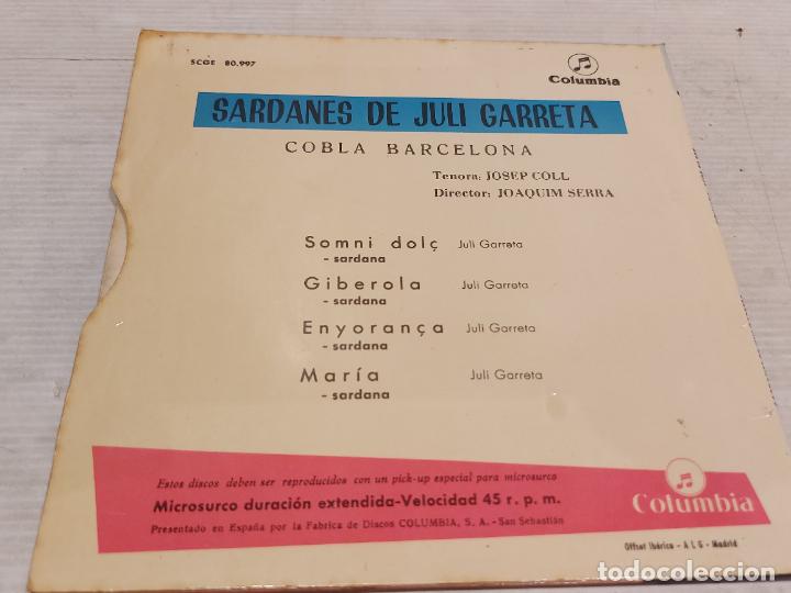 Discos de vinilo: COBLA BARCELONA / SARDANES DE JULI GARRETA / EP - COLUMBIA-1965 / MBC. ***/*** - Foto 2 - 292247798