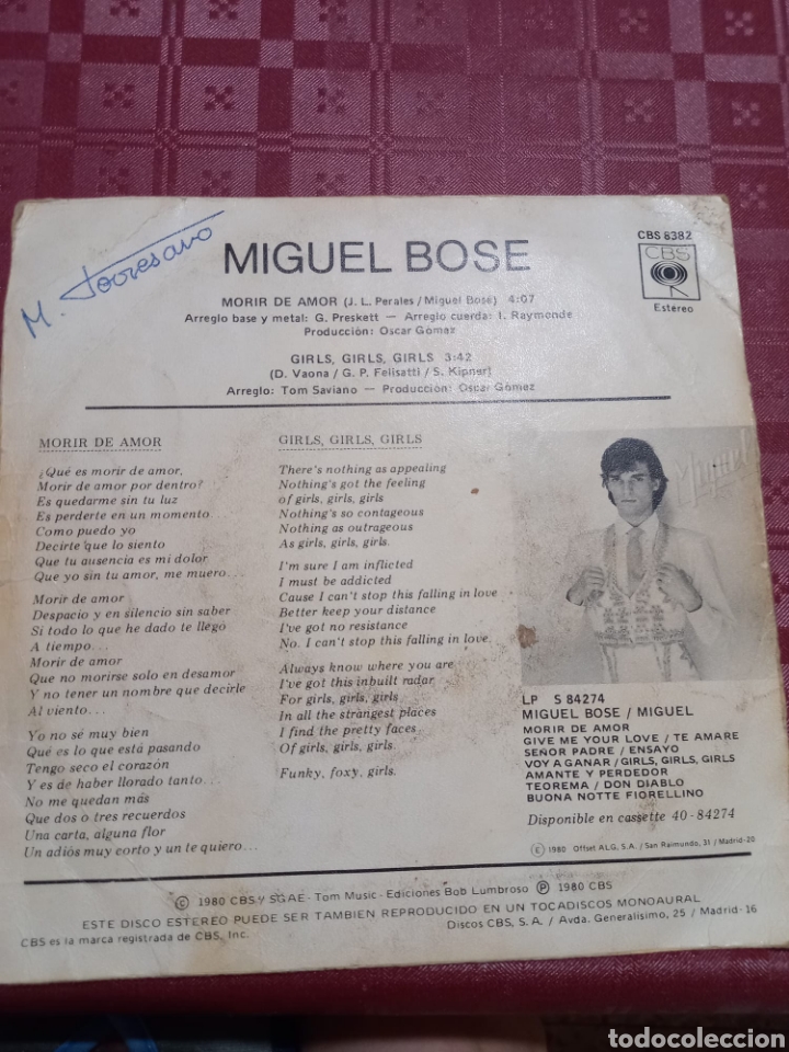 Discos de vinilo: Miguel Bose morir de amor - Foto 2