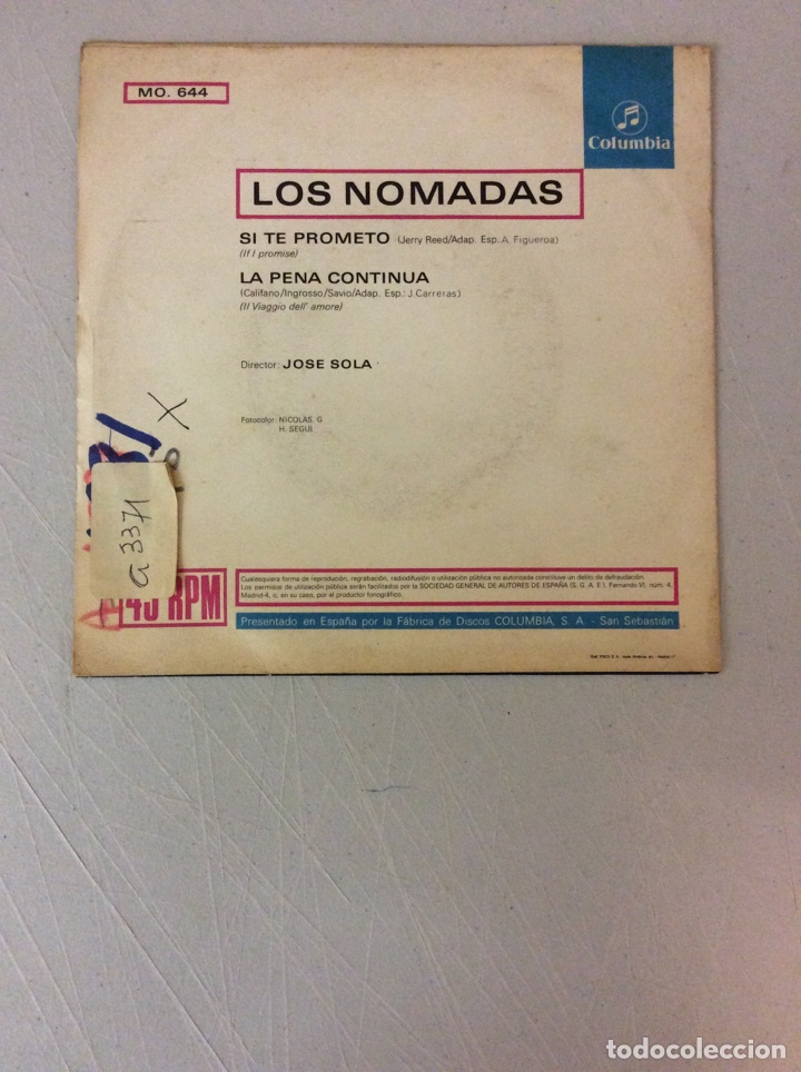 Discos de vinilo: Los Nomadas. Si te prometo. La pena continua. - Foto 2