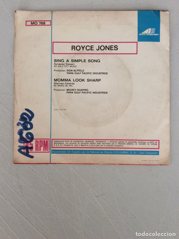 Discos de vinilo: Royce Jones. Sing a simple song. Momma look sharp - Foto 2