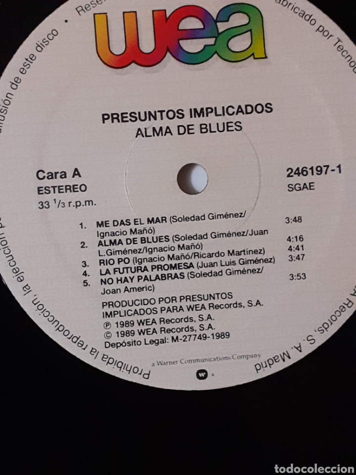 Discos de vinilo: Presuntos implicados. Alma de blues. 1989. 246197-1. Disco y Carátula EX EX. - Foto 4 - 295737703