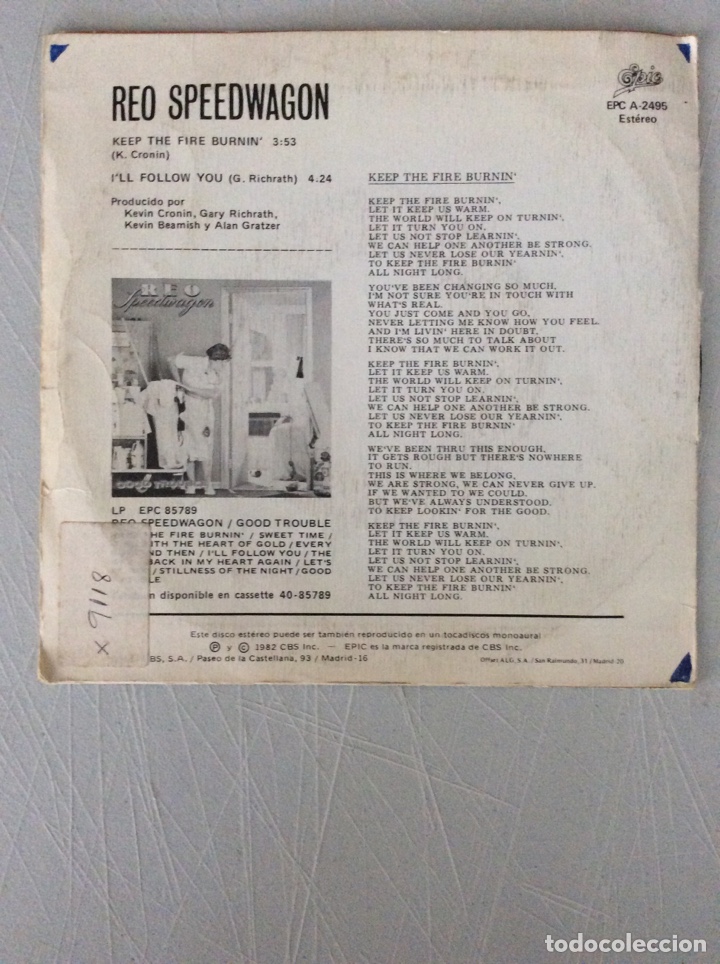 Discos de vinilo: REO. Speedivagon. Keep the fire burnin. - Foto 2