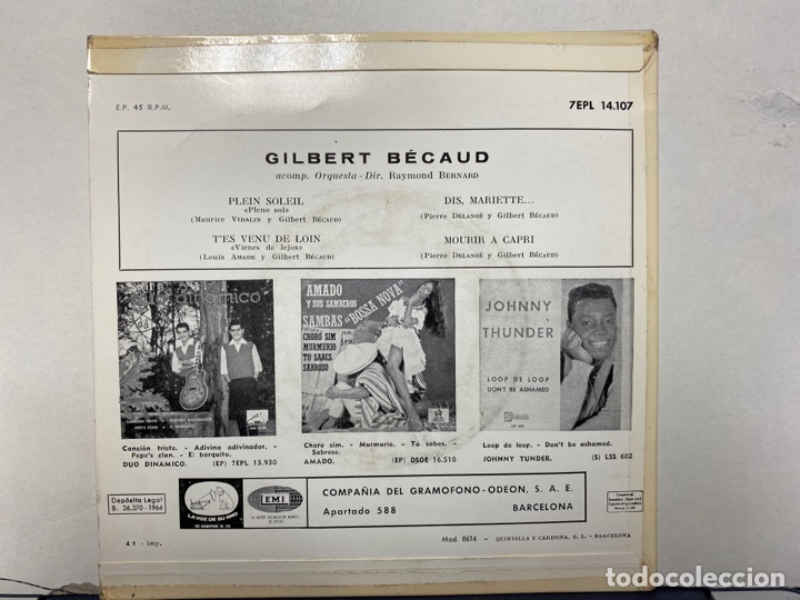 Discos de vinilo: Gilbert Becaud - Plein Soleil (7&rdquo;, EP) - Foto 2