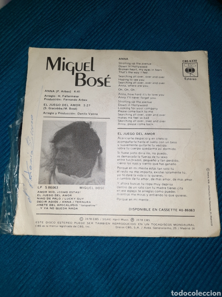 Discos de vinilo: SINGLE MIGUEL BOS&Eacute;, ANNA. 1978 - Foto 2