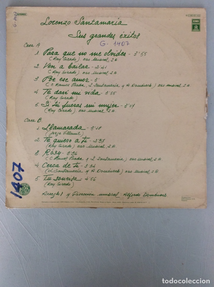 Discos de vinilo: Lorenzo Santamar&iacute;a. Sus grandes &eacute;xitos. - Foto 2