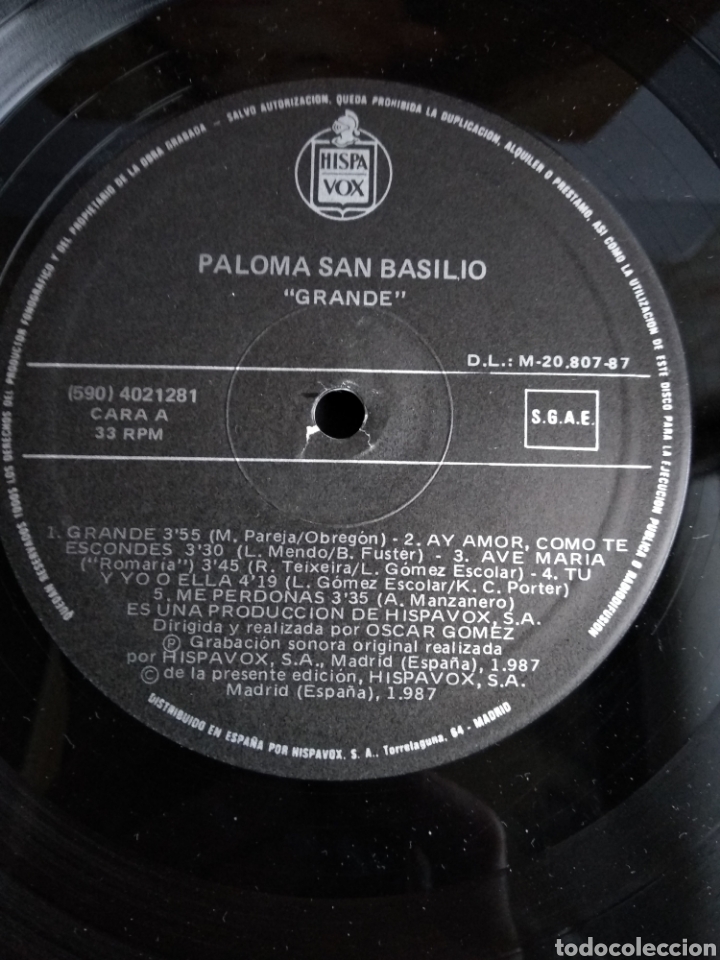 Discos de vinilo: *PALOMA DAN BASILIO, GRANDE, HISPAVOX, 1987 A3 - Foto 4